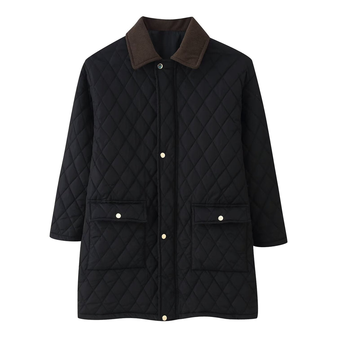 Women’s quilted coat with cord collar, checkered quilting and patch pockets