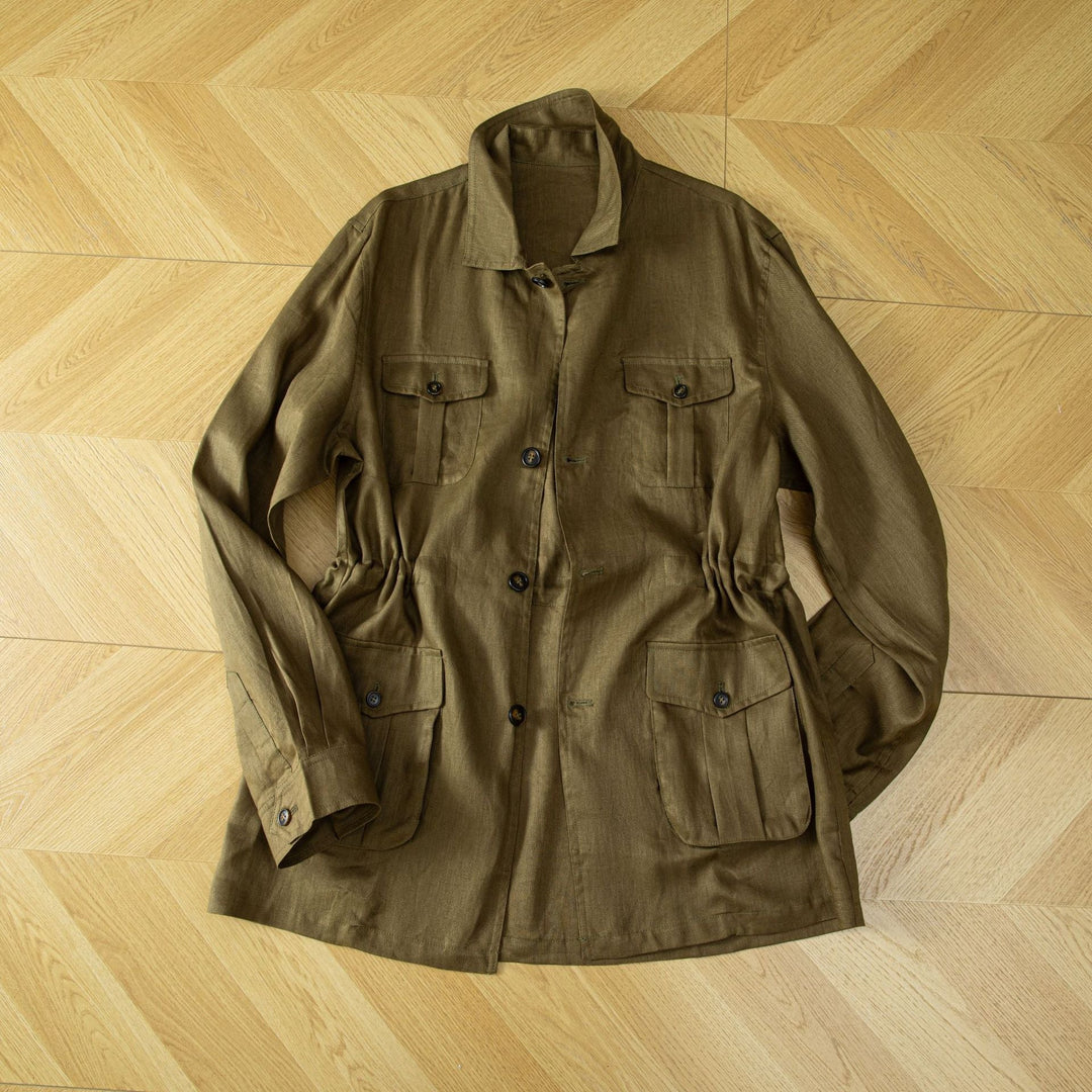 Ladies utility jacket made of linen blend with drawstring, patch pockets and shirt collar