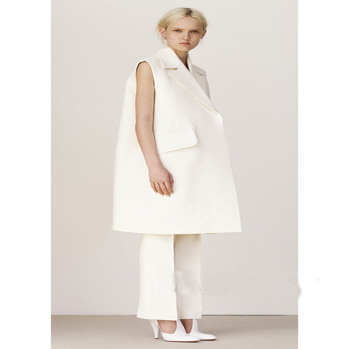 Women Sleeveless A-Line Long Vest in Oversized Tailoring with Shawl Collar