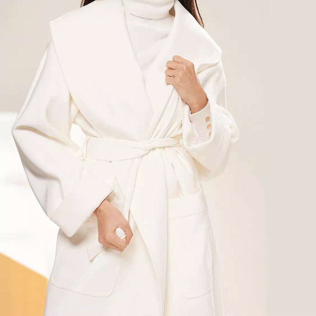 Women Long Oversized Wrap Coat with Generous Shawl Collar and Tie Belt