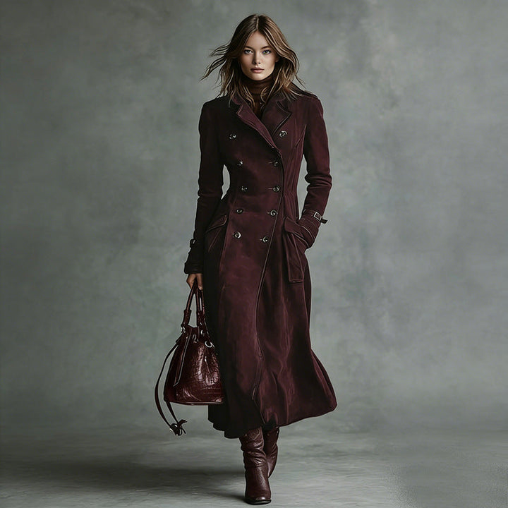 Women Longer Tailored Trench Coat in Suede Look with Double-Breasted Button Placket and Buckle Cuffs