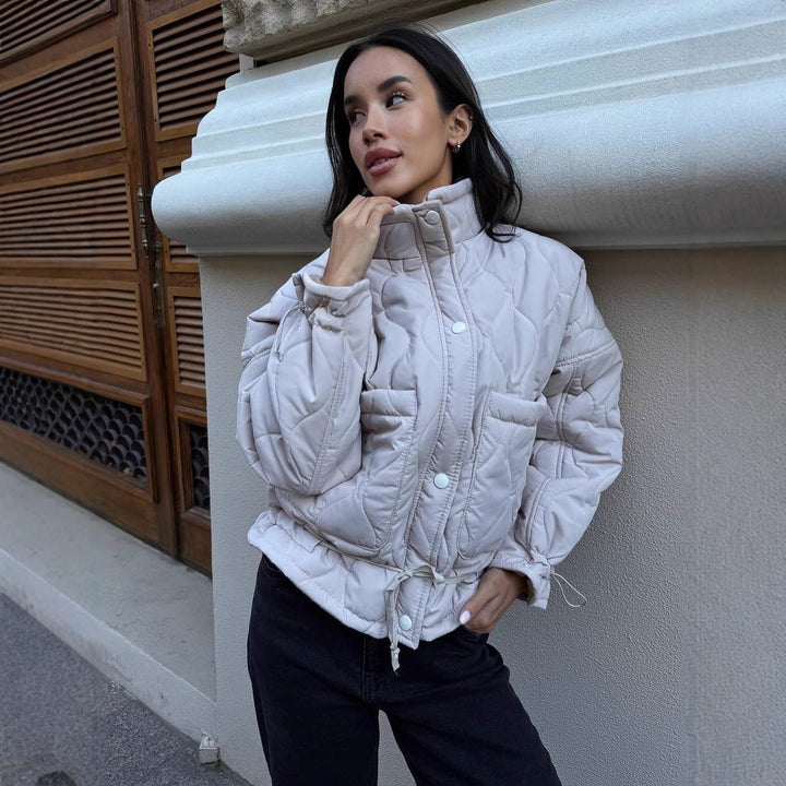 Women Short Cut Quilted Padded Jacket with Stand Collar