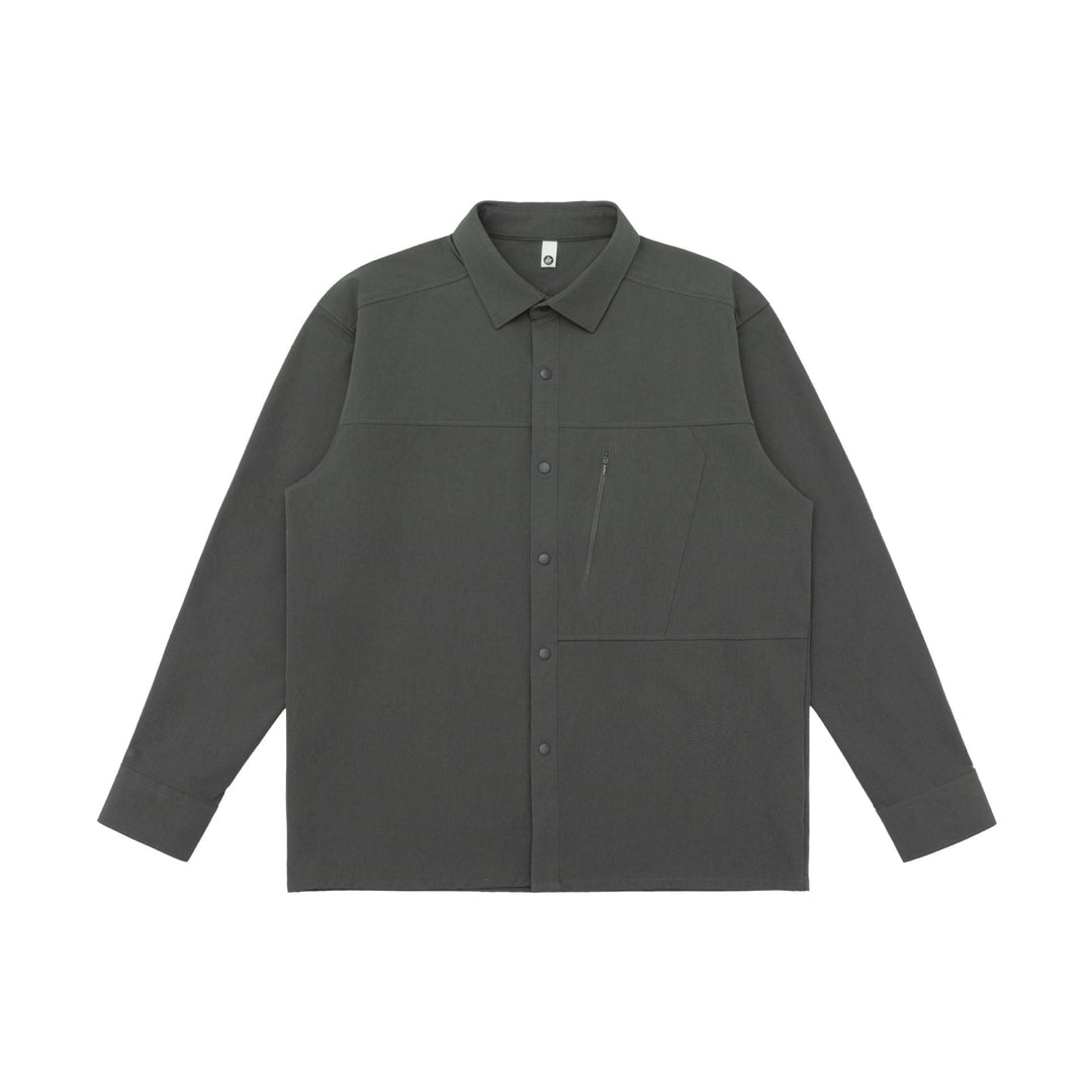 Unisex Oversized Shirt Jacket in Utility Style with concealed snap button placket and diagonal zip pocket