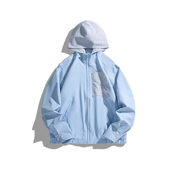 Unisex Light Hooded Transition Jacket with Check Patch Chest Pocket and Elastic Hem