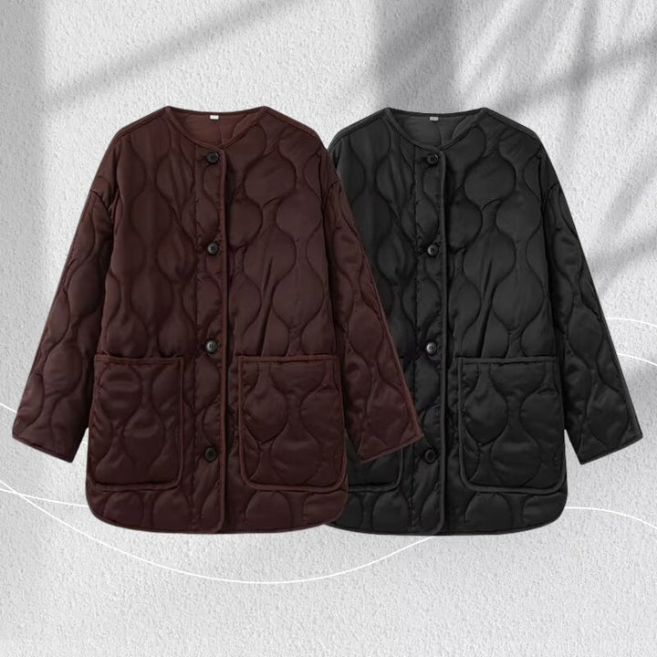 Women Longline Quilted Jacket with Round Neck, Button Placket and Patch Pockets