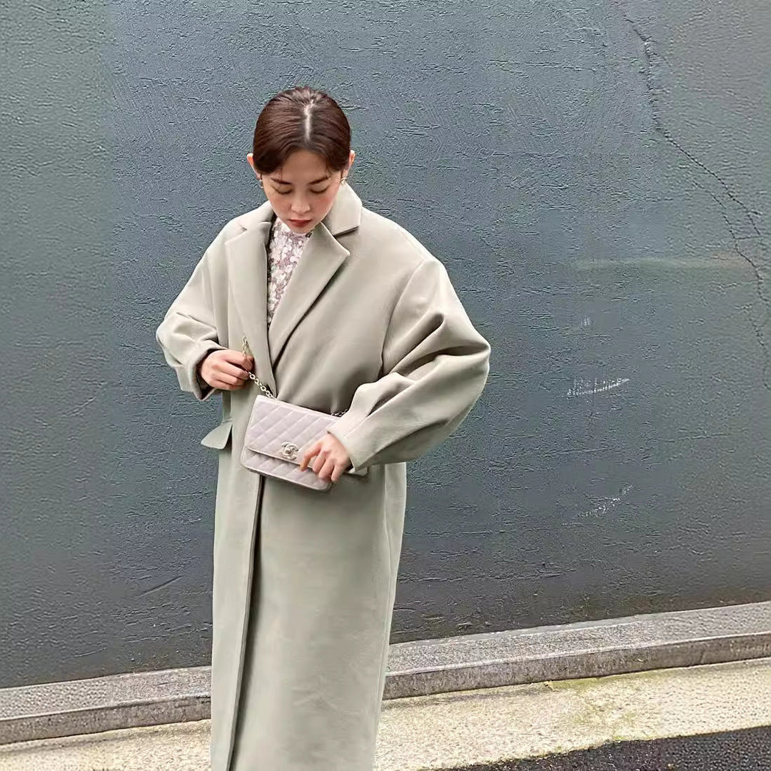 Women Longline Wool Blend Coat with boxy oversized fit and clean lapel