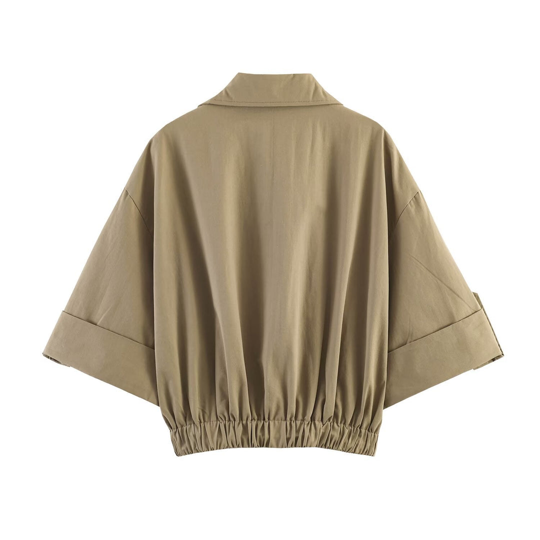 Women Short Cut Cape Trench with Boxy Silhouette and Half-Length Sleeve Straps