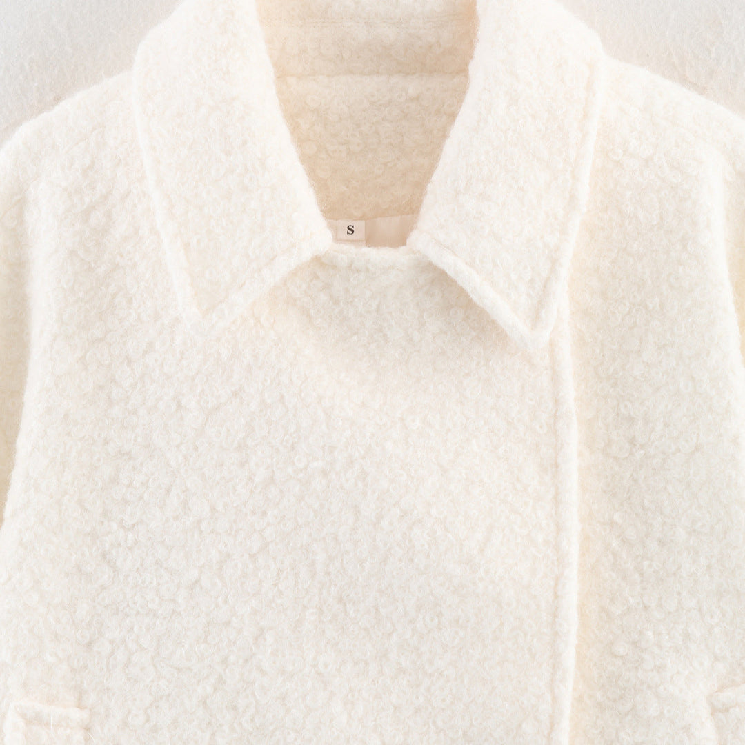 Ladies Boxy Boucle Double-Breasted Coat with Shirt Collar and Flap Pockets
