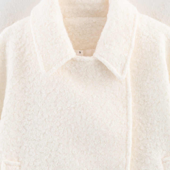 Ladies Boxy Boucle Double-Breasted Coat with Shirt Collar and Flap Pockets