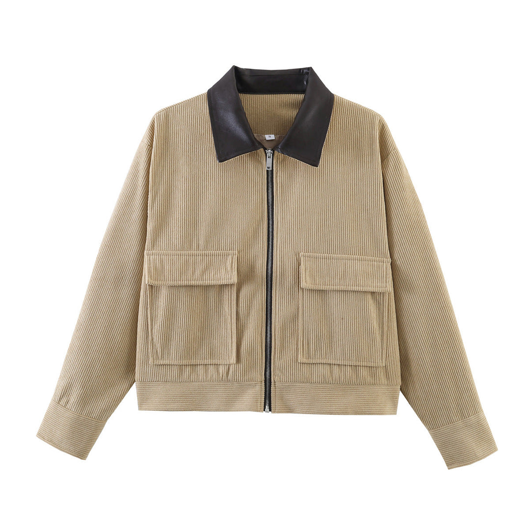 Women Ribbed Short Jacket with Zip, Patch Pockets and Contrast Faux Leather Collar