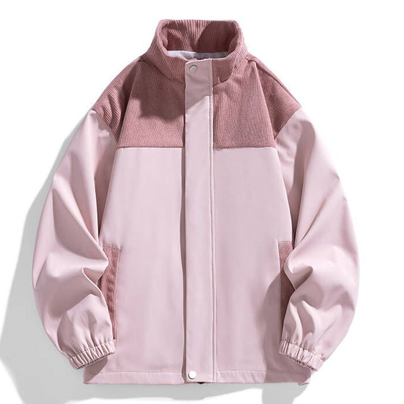 Women Oversized Transitional Jacket with Cord Trim and Stand Collar