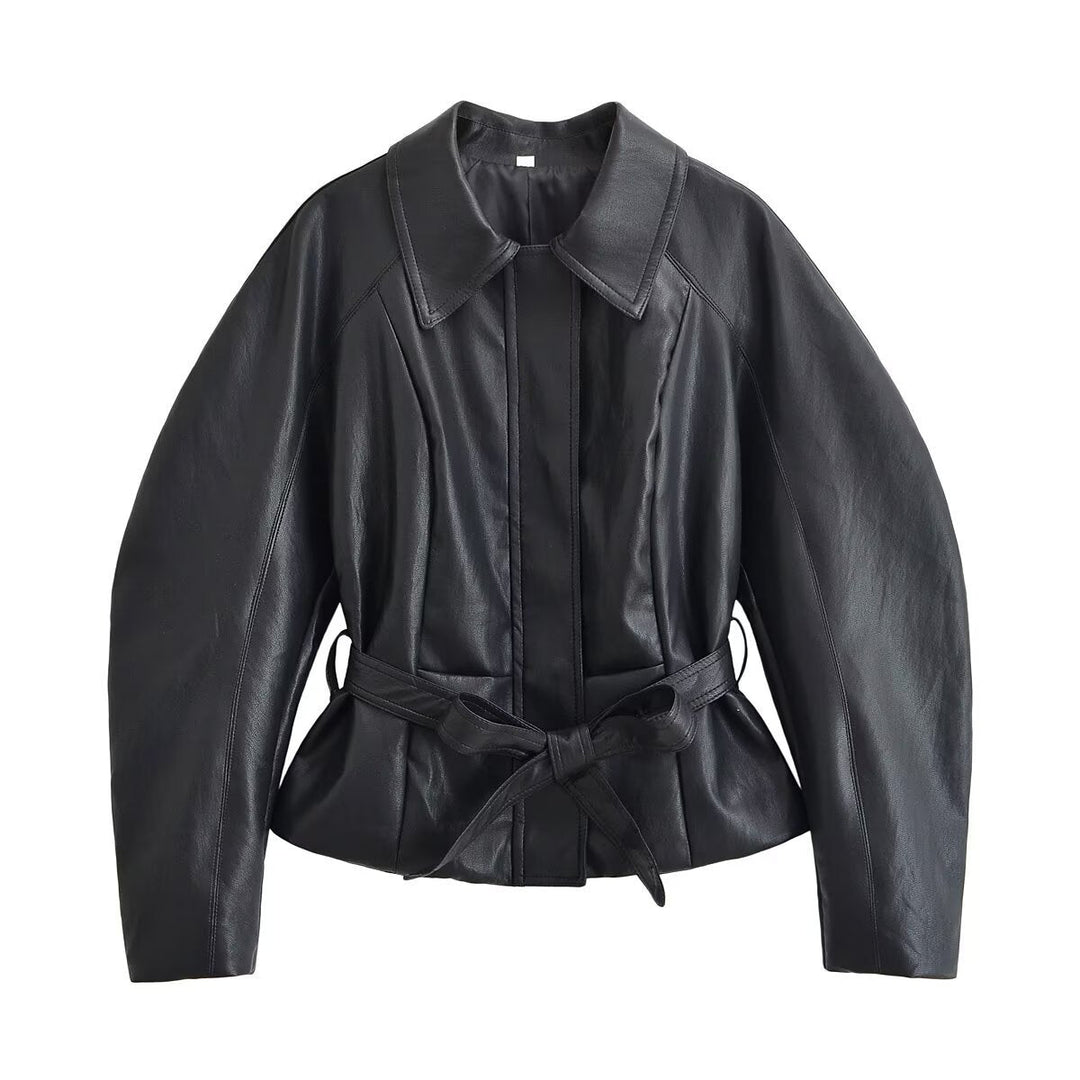 Women Tailored Leather Look Jacket with Tie Belt and Raglan Sleeves