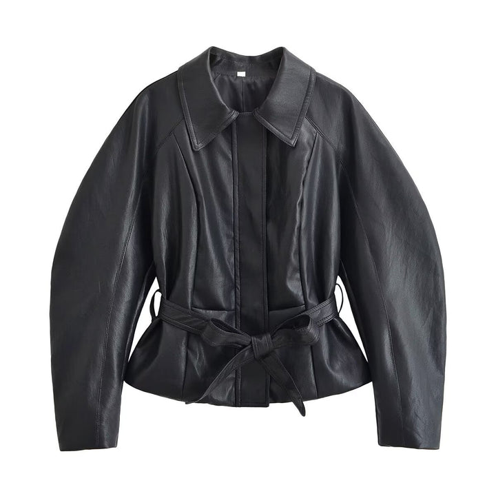 Women Tailored Leather Look Jacket with Tie Belt and Raglan Sleeves