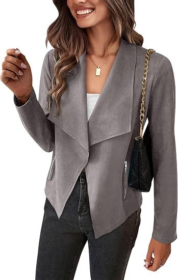 Women Faux Suede Waterfall Blazer with Asymmetrical Hem and Zip Pockets