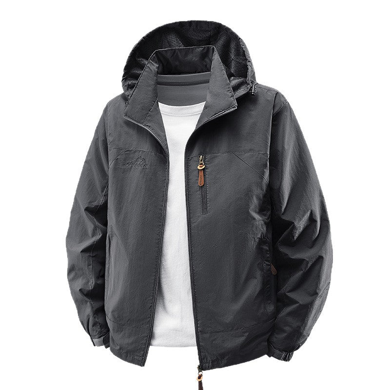 Men Packable Wind and Rain Jacket with Perforated Hood Lining, Chest Zip &amp; Drawstring
