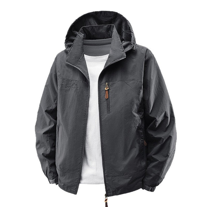 Men Packable Wind and Rain Jacket with Perforated Hood Lining, Chest Zip &amp; Drawstring