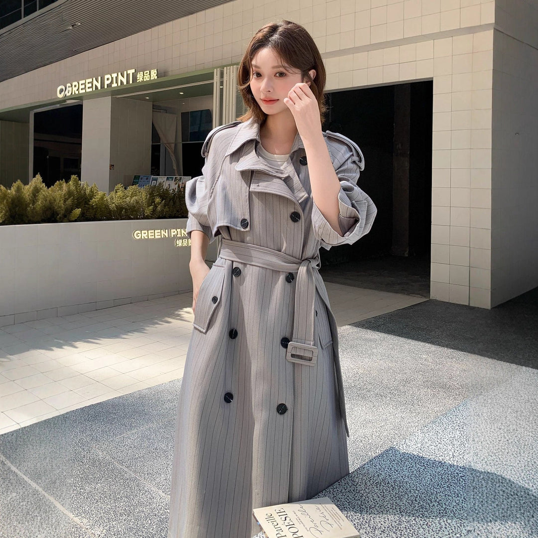 Women Elegant Maxi Long Pinstripe Trench with Shoulder Pads and Gathered Sleeves