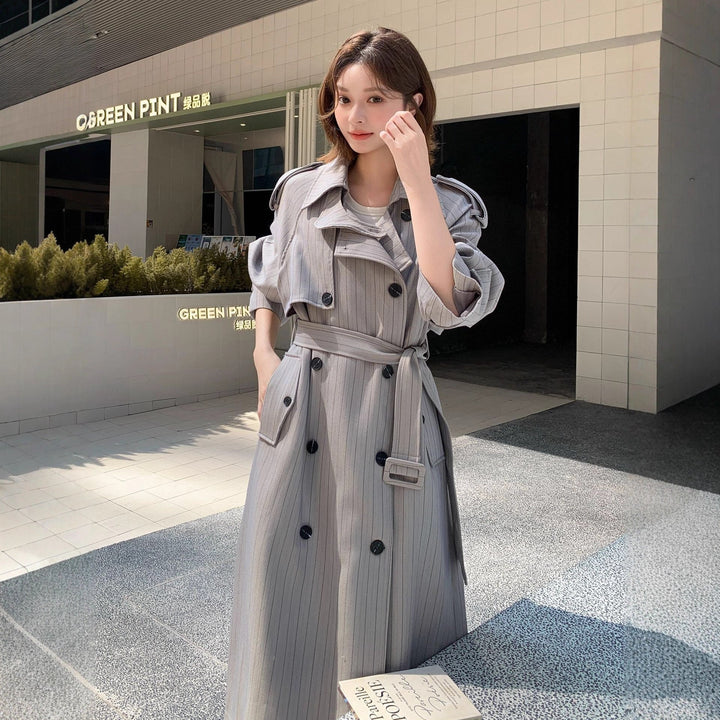 Women Elegant Maxi Long Pinstripe Trench with Shoulder Pads and Gathered Sleeves