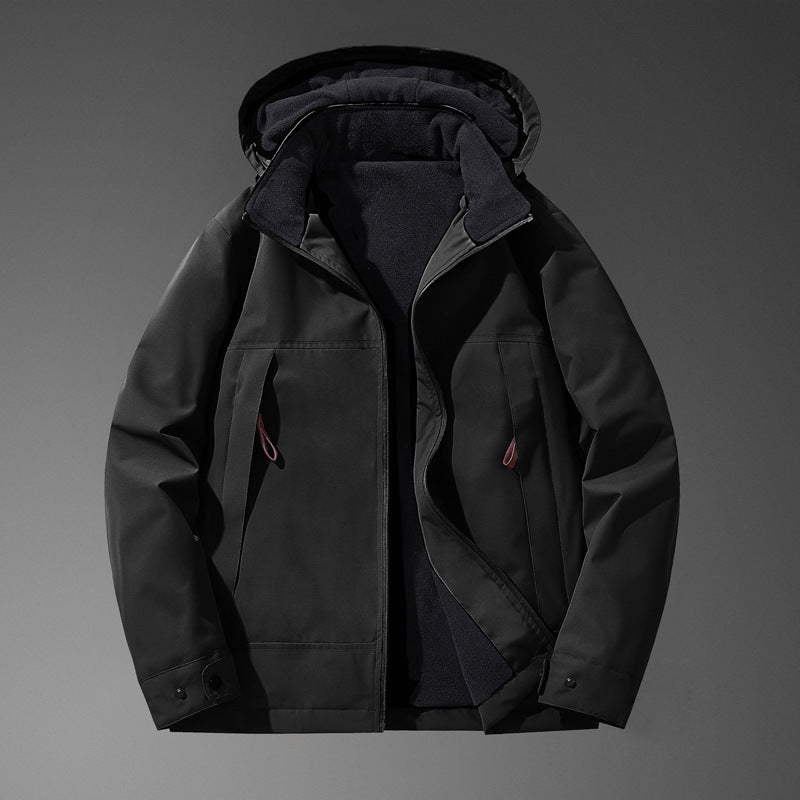 Men Water-resistant Multi-pocket Jacket with Hood and Fleece Lining