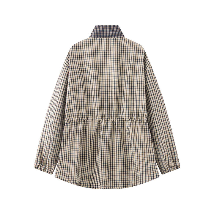 Women Checked Oversize Parka Jacket with Drawstring and Stand-up Collar