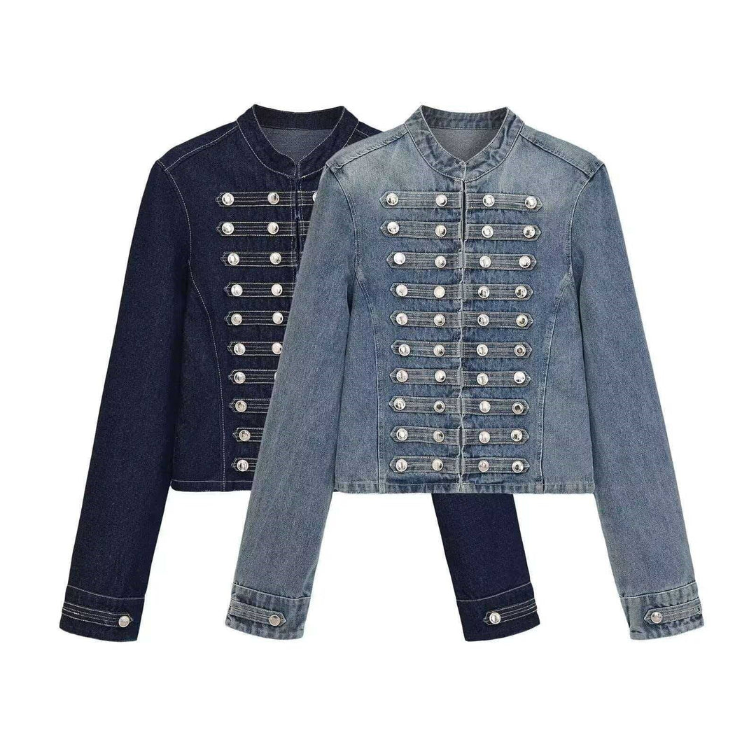 Women’s denim jacket in military style with row buttons and stand-up collar