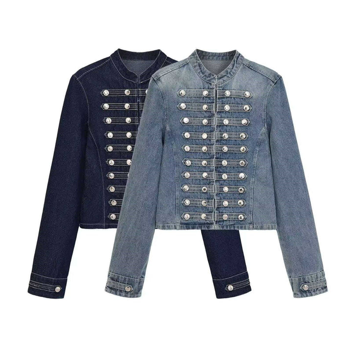 Women’s denim jacket in military style with row buttons and stand-up collar