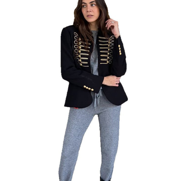 Ladies military short blazer with gold cord trim and decorative closures