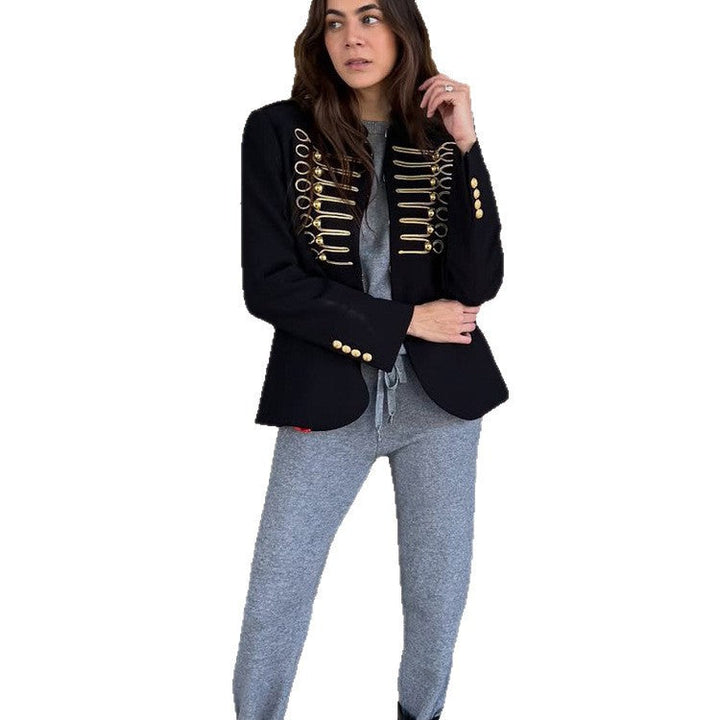 Ladies military short blazer with gold cord trim and decorative closures