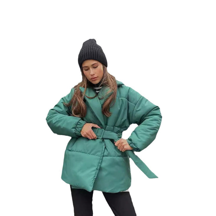 Women Padded Tailored Quilted Jacket with Belt and Hood