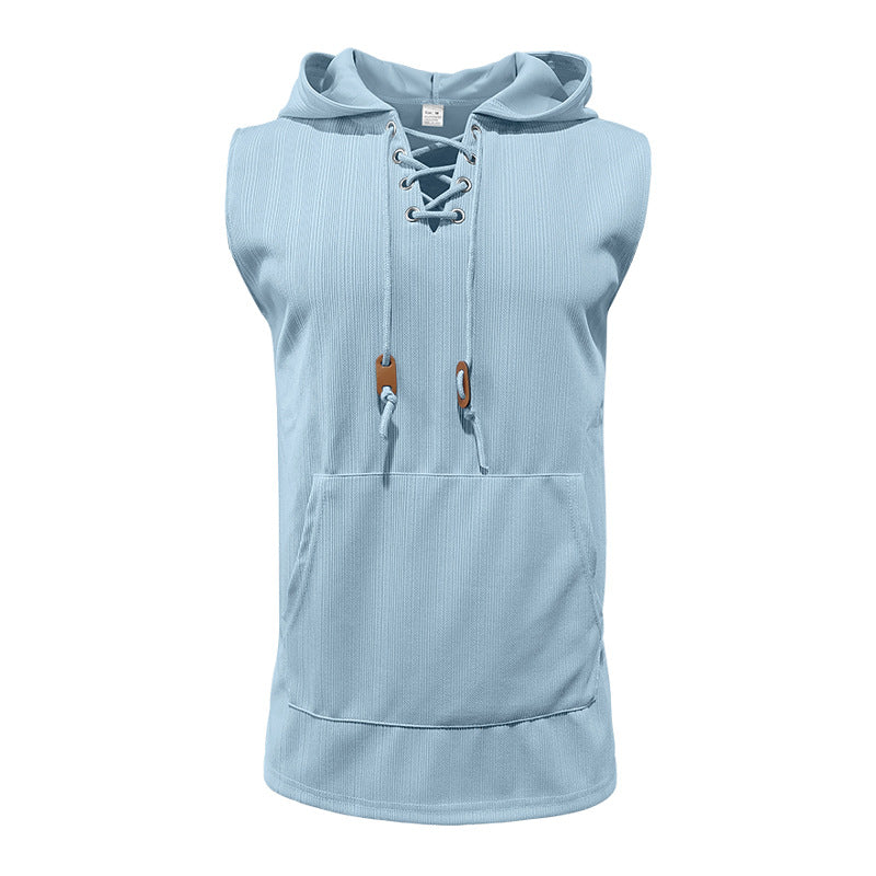 Men sleeveless hoodie sweatshirt with laced collar and kangaroo pocket