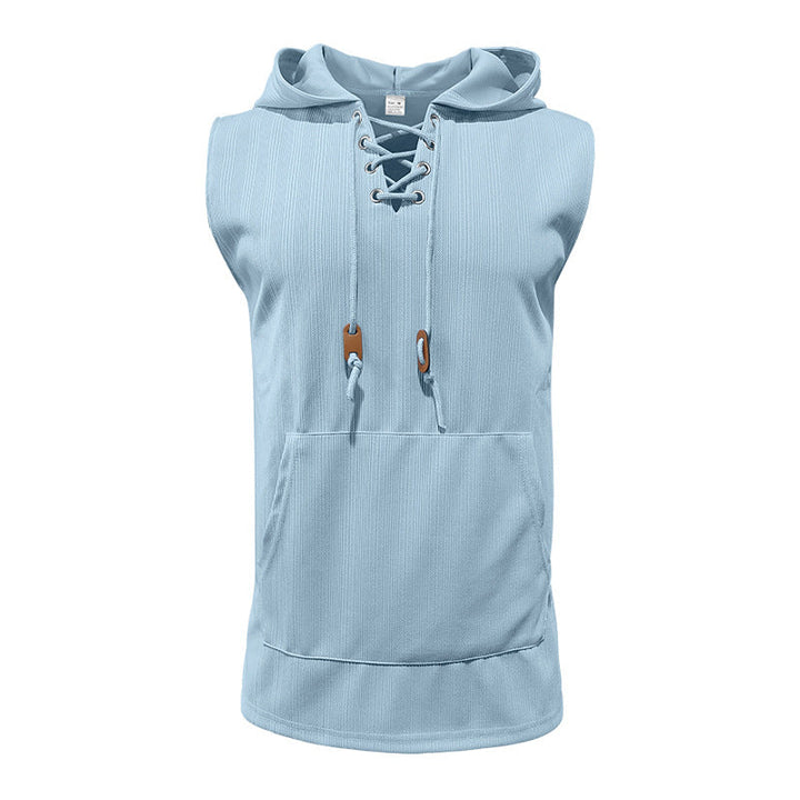 Men sleeveless hoodie sweatshirt with laced collar and kangaroo pocket