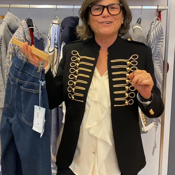 Ladies military short blazer with gold cord trim and decorative closures