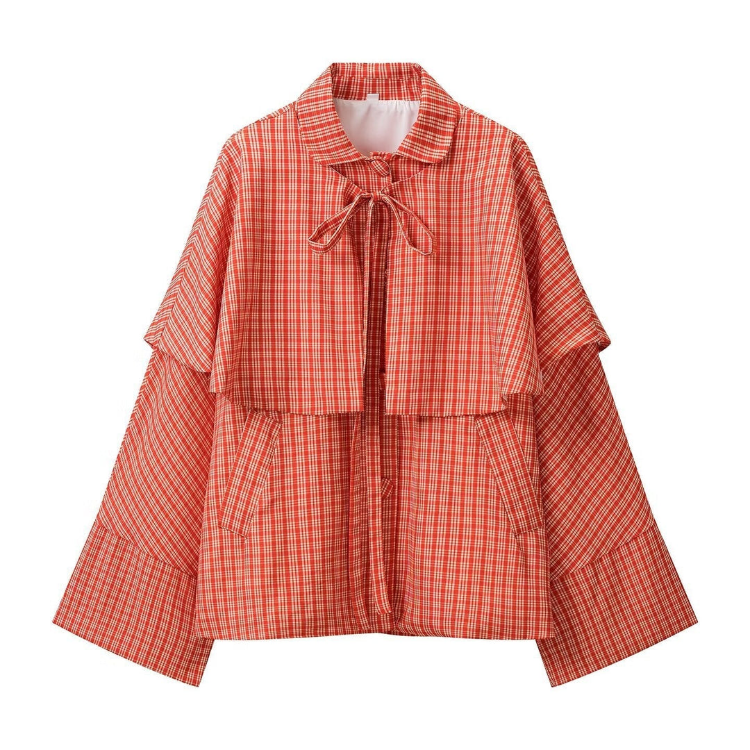Ladies Wide Cape Jacket with Overlapping Shoulder Yoke and Bow Closure
