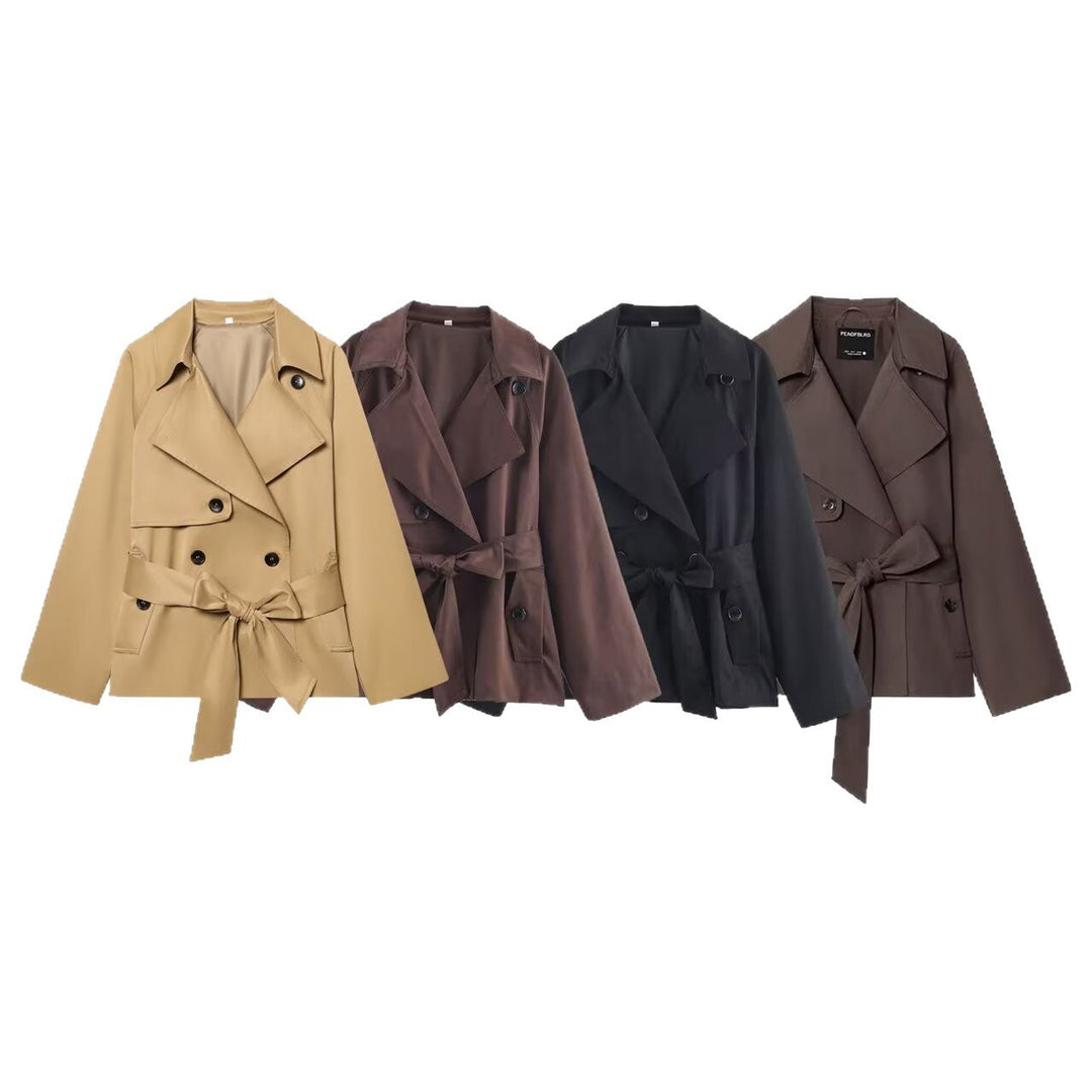 Women Cropped Waist Belt Trench Coat with Wide Lapels and Flap Pockets