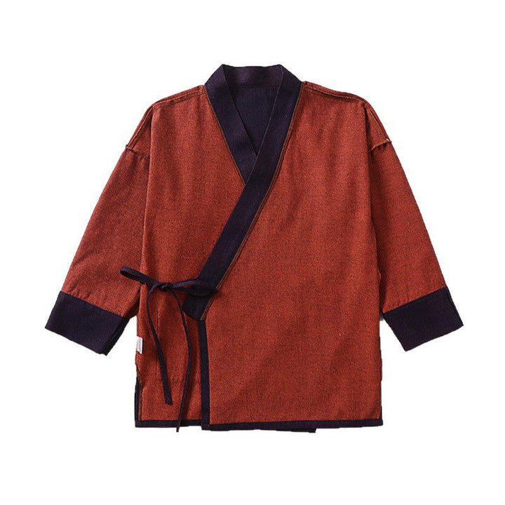 Unisex Lightweight Wrap Kimono Jacket made of Linen-Cotton Blend with Contrast Trim and Tie Belt