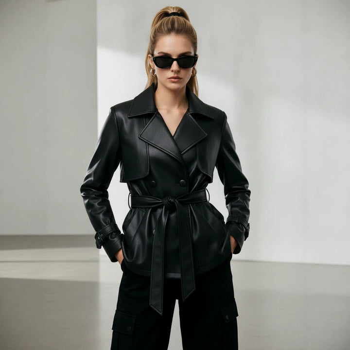 Ladies short trench coat in leather look with double-breasted button placket and waist belt