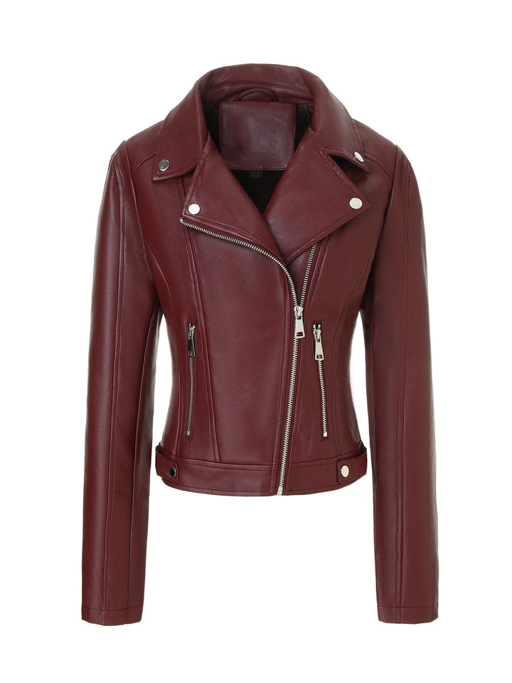 Women short fitted biker jacket made of Nappa leather with asymmetrical zip