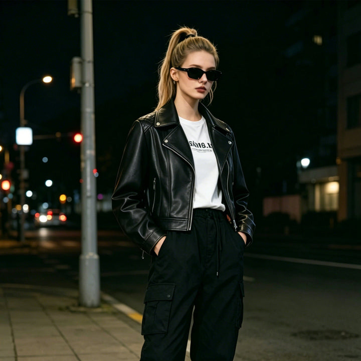 Women tailored biker leather jacket with quilted shoulders and asymmetric zip