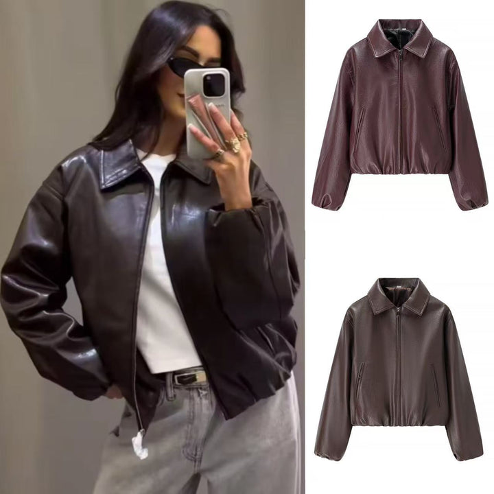 Women short cut leather imitation blouson with zip and elastic hem