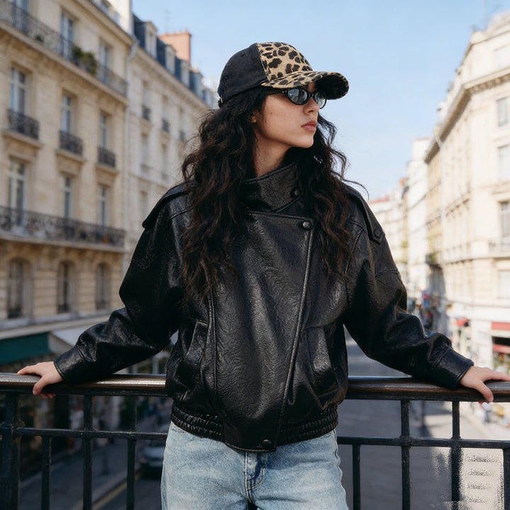 Ladies Oversize Biker Jacket made of Faux Leather with Stand-up Collar and Shoulder Flaps