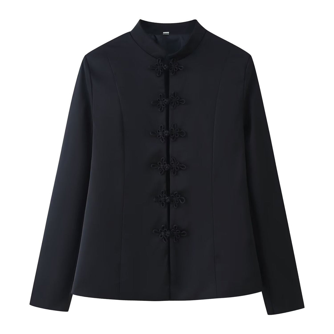 Women Chinese inspired jacket with stand-up collar and decorative knot closures