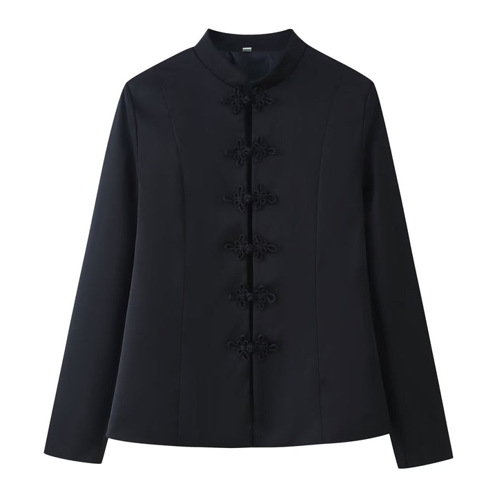 Women Chinese inspired jacket with stand-up collar and decorative knot closures