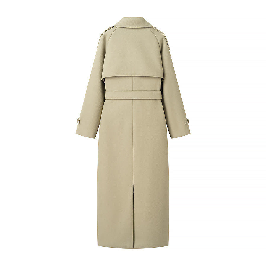 Women Long Trench Coat with Belt, Double-Breasted Button Placket and Epaulets