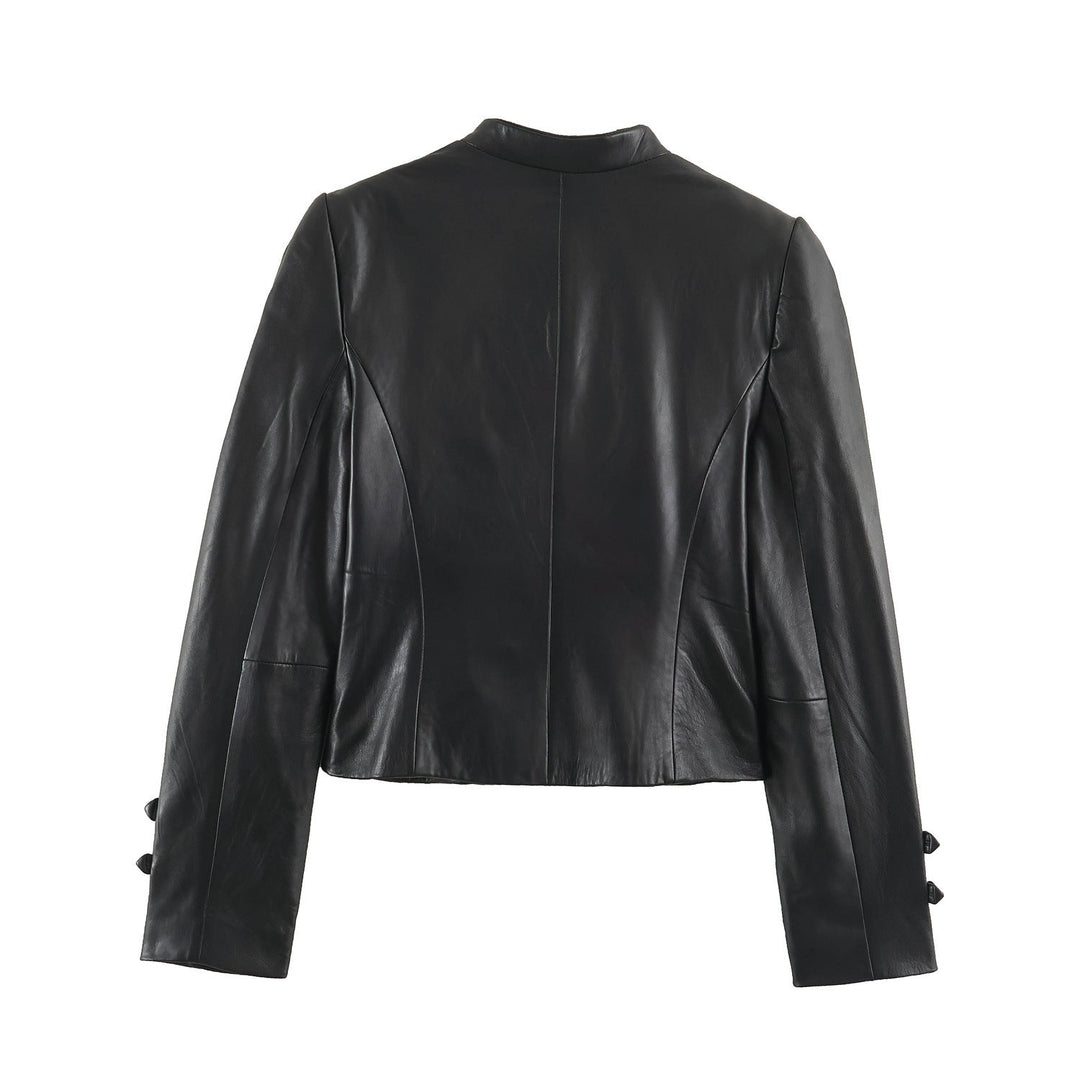 Women Short Leather-Look Jacket in Military Style with Stand-Up Collar and Decorative Button Placket
