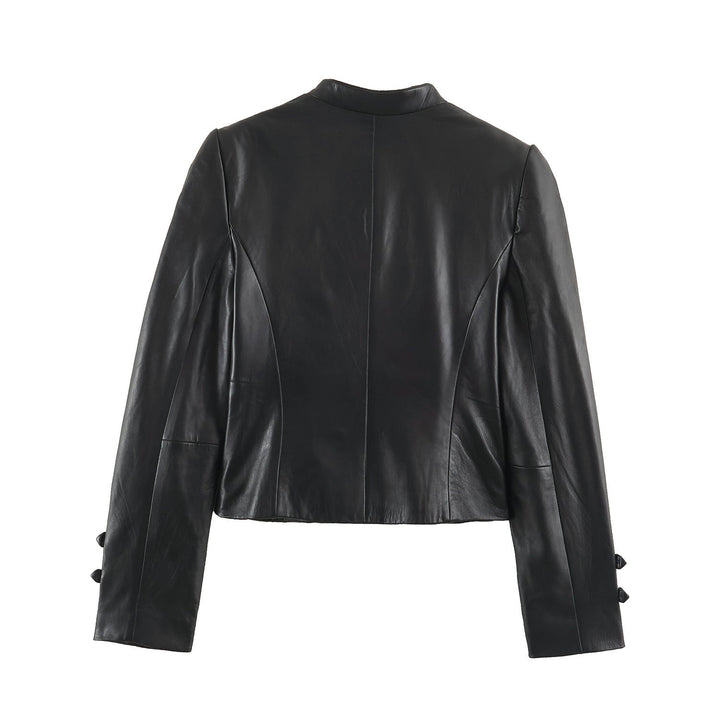 Women Short Leather-Look Jacket in Military Style with Stand-Up Collar and Decorative Button Placket