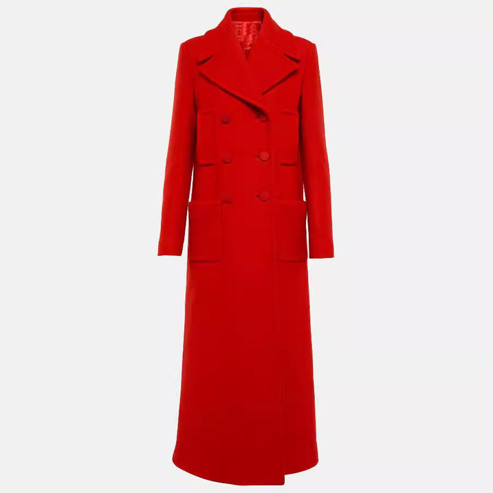 Women floor-length double-breasted wool-cashmere coat with wide lapels