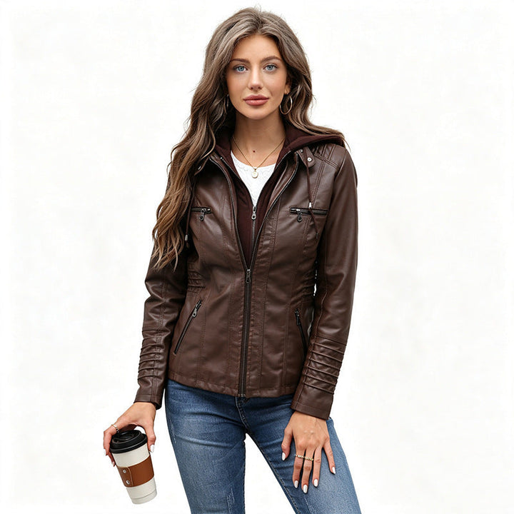 Women Tailored Faux Leather Jacket with Removable Hood and Zip