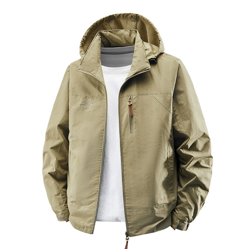 Men Packable Wind and Rain Jacket with Perforated Hood Lining, Chest Zip &amp; Drawstring