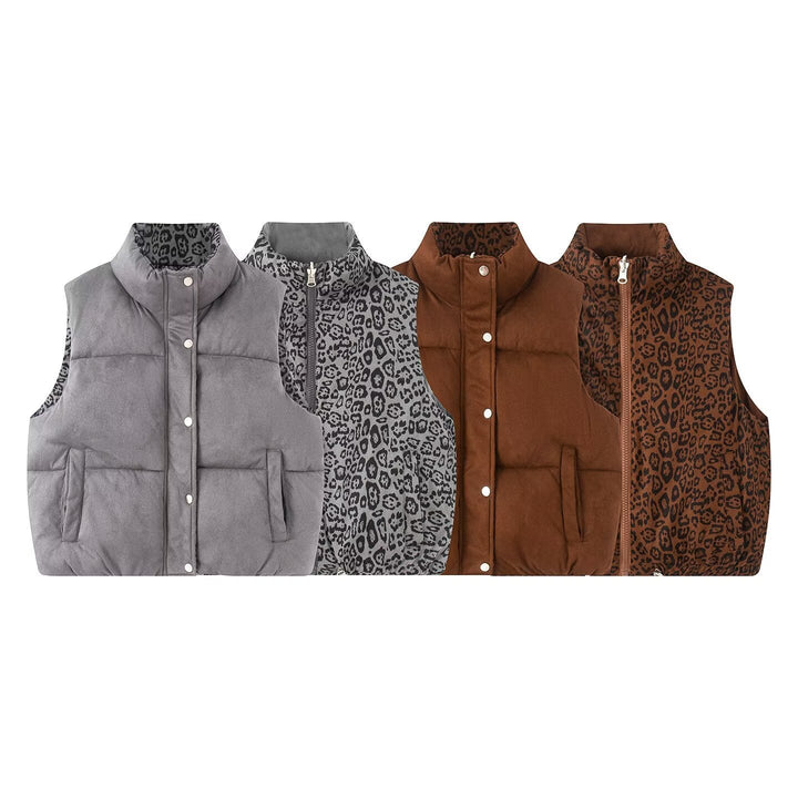 Women Padded Quilted Vest with High Stand-Up Collar and Leopard Print Lining