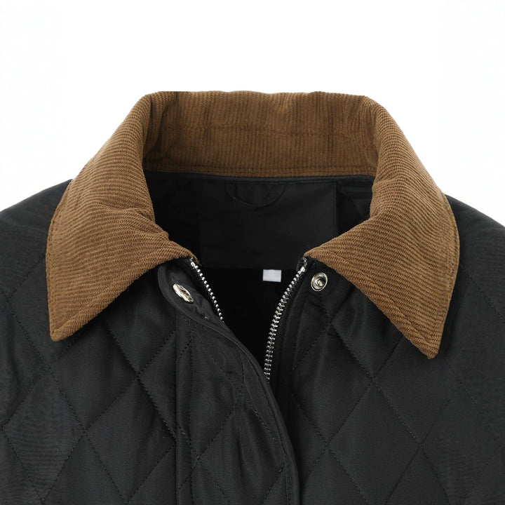 Women Long Padded Jacket-Coat with Tailored Belt and Contrast Cord Collar